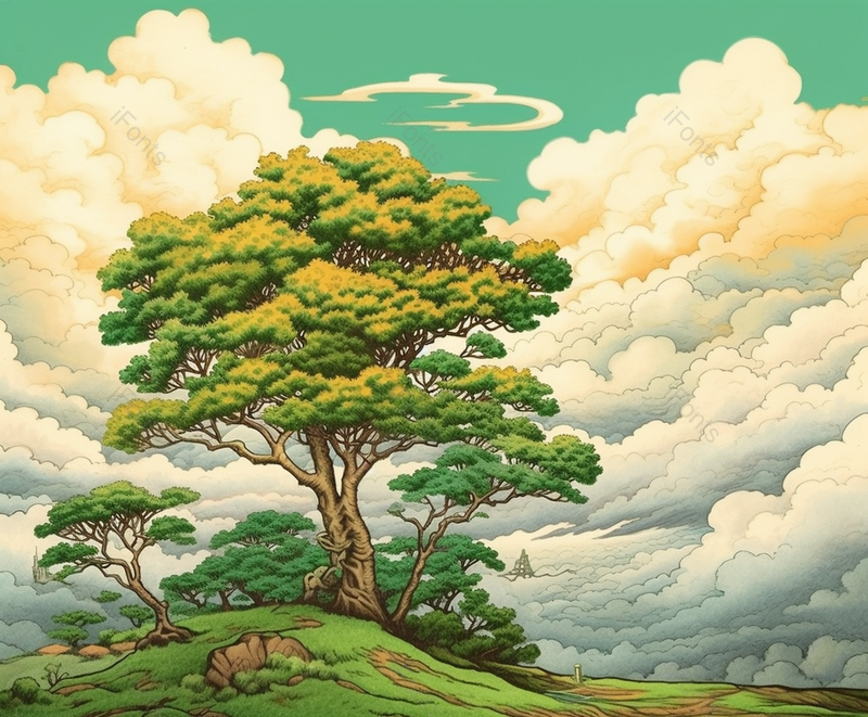 线描国潮风祥云和平原上的绿色大树树木插画,插画/手绘图,插画/手绘图库,插画/手绘图下载,插画/手绘